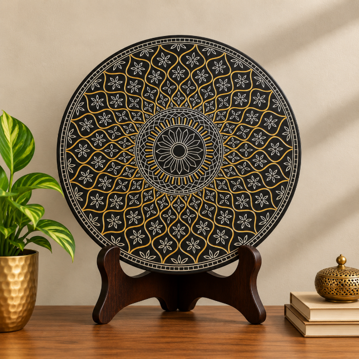 GI-Tagged Bidriware Mughal Decorative Plate with Silver Inlay – 8 Inch thumbnail 3
