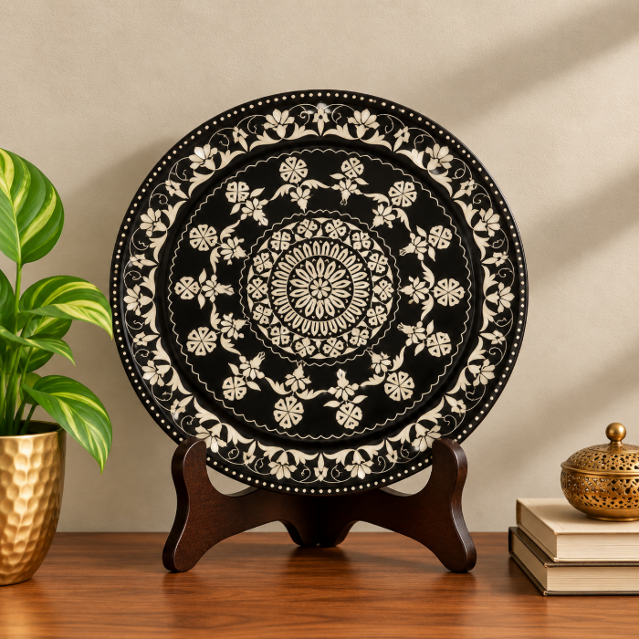 Handcrafted Bidri Mughal Series Decorative Plate with Pure Silver Star & Sheet Inlay – 8 Inch thumbnail 2