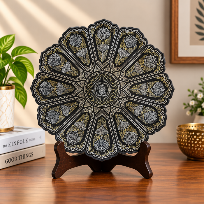Handcrafted Bidri Decorative Plate with Pure Silver Wirework – 8 Inch thumbnail 2