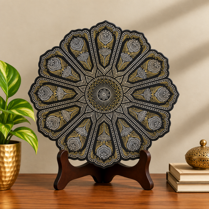 Handcrafted Bidri Decorative Plate with Pure Silver Wirework – 8 Inch thumbnail 3