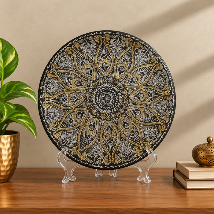 Handcrafted Bidri Mughal Decorative Plate with Pure Silver & Copper Inlay – 8 Inch thumbnail 2