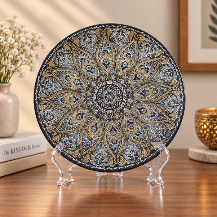 Handcrafted Bidri Mughal Decorative Plate with Pure Silver & Copper Inlay – 8 Inch thumbnail 3