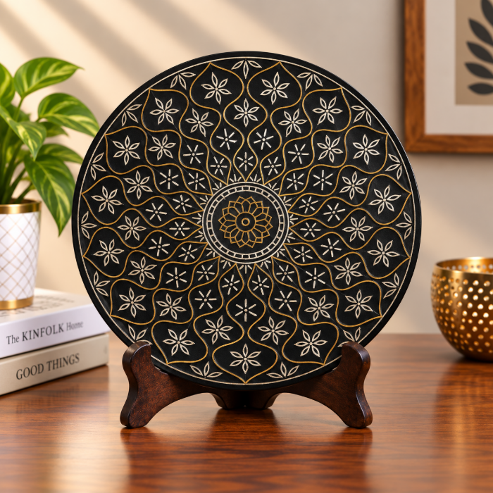 GI Tagged Bidri Silver Wire Inlay Mughal Design Decorative Plate – 6 Inch thumbnail 2