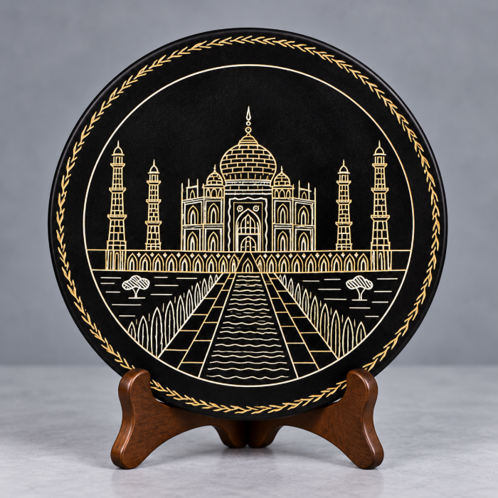 Bidri Taj Art Pure Silver Wire Inlay Decorative Plate – 8 Inch