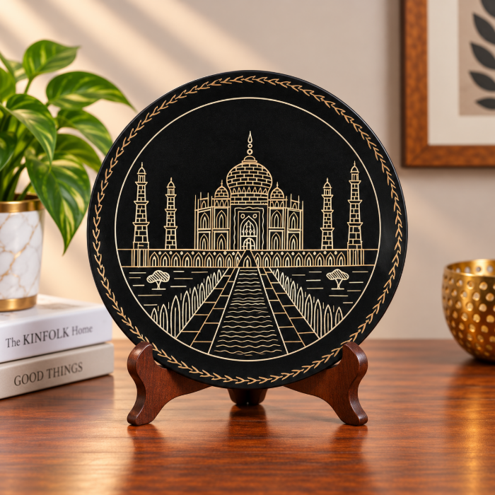 Bidri Taj Art Pure Silver Wire Inlay Decorative Plate – 8 Inch thumbnail 3