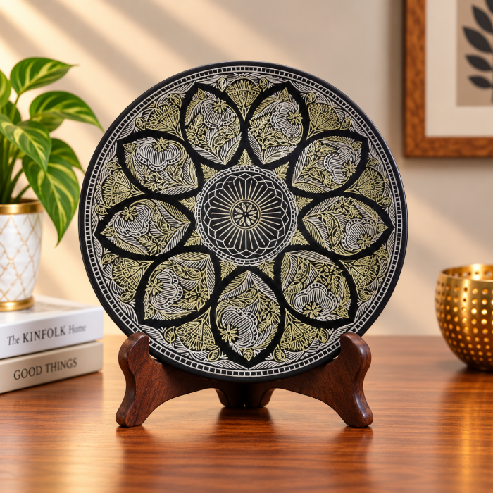 Bidri Mughal Design Pure Silver & Copper Inlay Decorative Table Plate – 8 Inch thumbnail 2