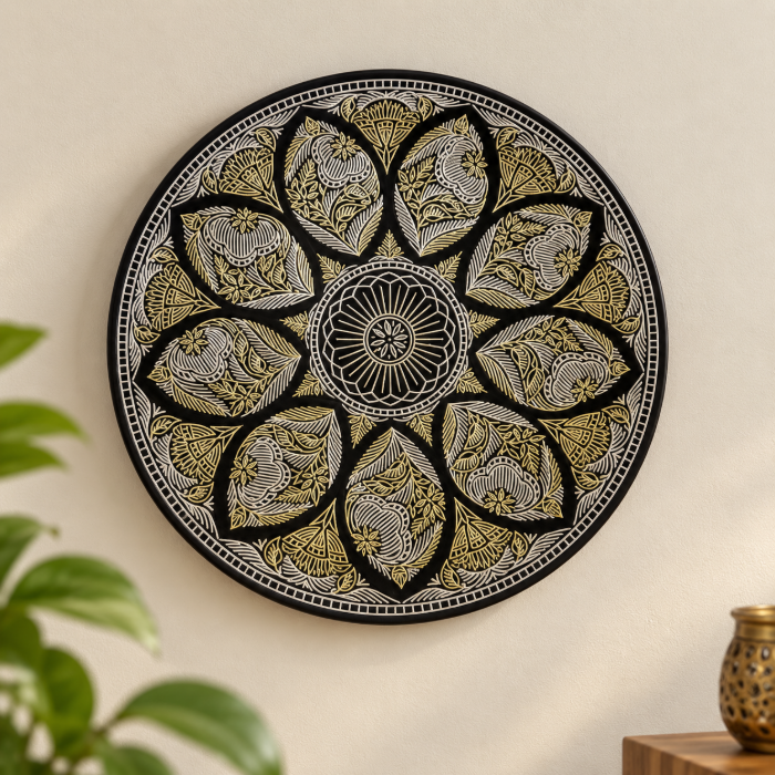 Bidri Mughal Design Pure Silver & Copper Inlay Decorative Table Plate – 8 Inch thumbnail 3
