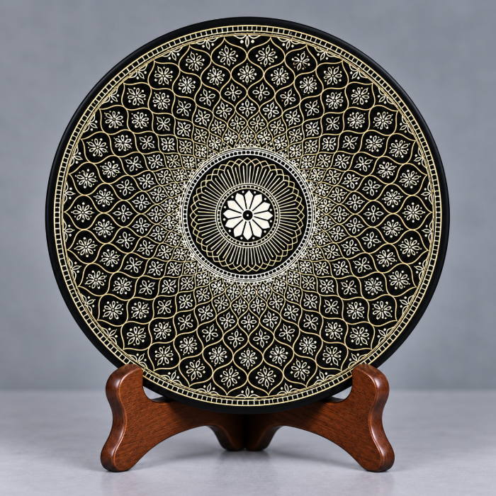 Bidri Mughal Design Silver & Copper Inlay Decorative Table Plate – 8 Inch