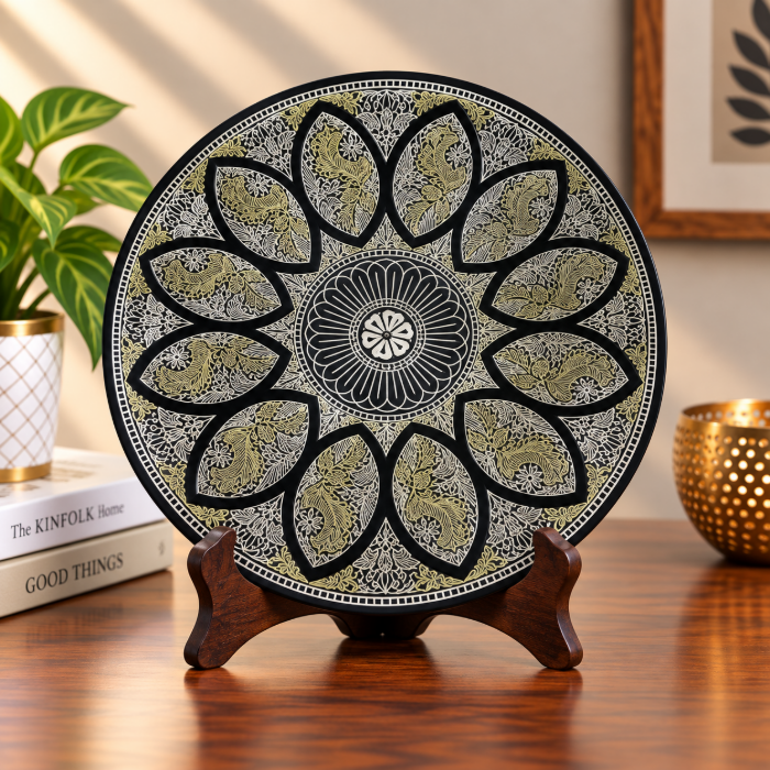 Bidri Mughal Design Pure Silver & Copper Inlay Decorative Plate – 8 Inch thumbnail 2