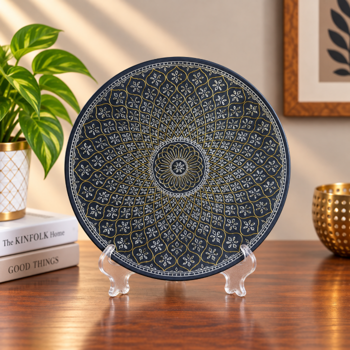 Bidri Mughal Design Pure Silver & Copper Inlay Decorative Table Plate – 10 Inch thumbnail 2