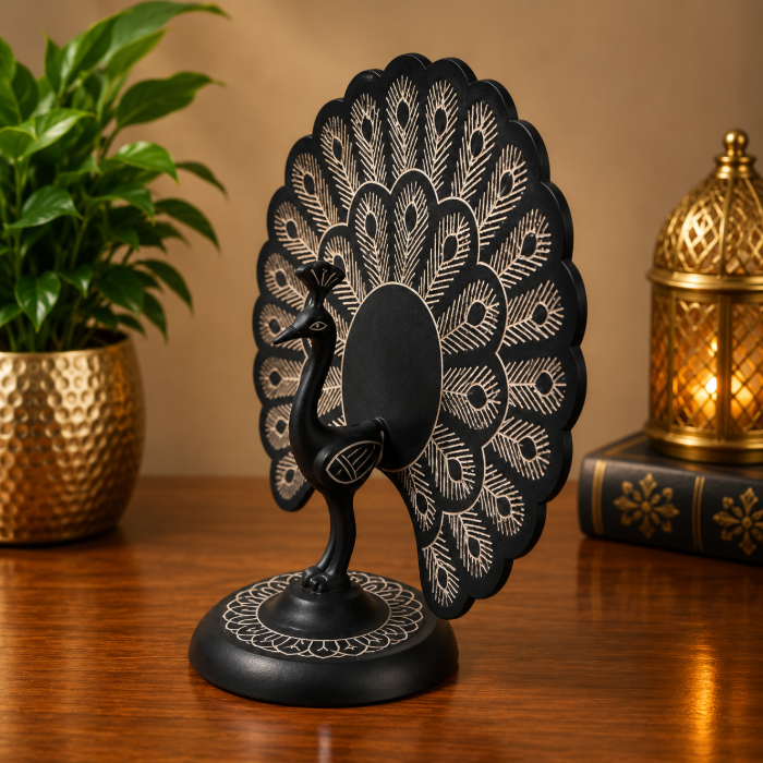 Elegant Bidri Pure Silver Wire Inlay Unique Peacock Showpiece – 5 Inch thumbnail 2