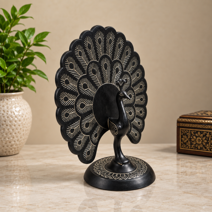 Elegant Bidri Pure Silver Wire Inlay Unique Peacock Showpiece – 5 Inch thumbnail 3