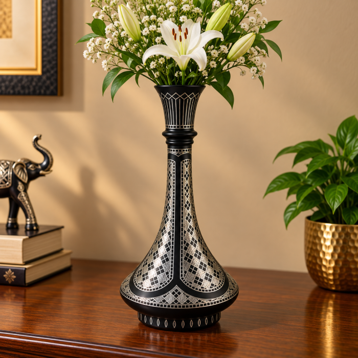 Handcrafted Bidri Flowerpot – 8 Inch National Design with Pure Silver Inlay thumbnail 2