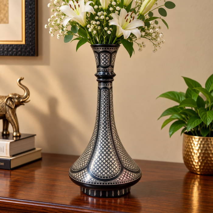 Handcrafted Bidri Flowerpot – 8 Inch Star Design with Pure Silver Inlay thumbnail 2