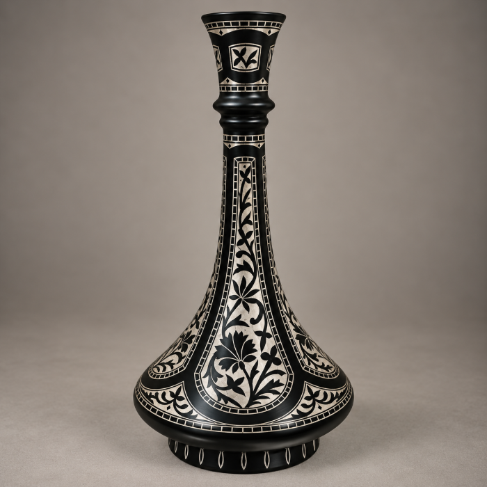 Handcrafted Bidri Flowerpot – 8 Inch Sheet Design with Pure Silver Inlay