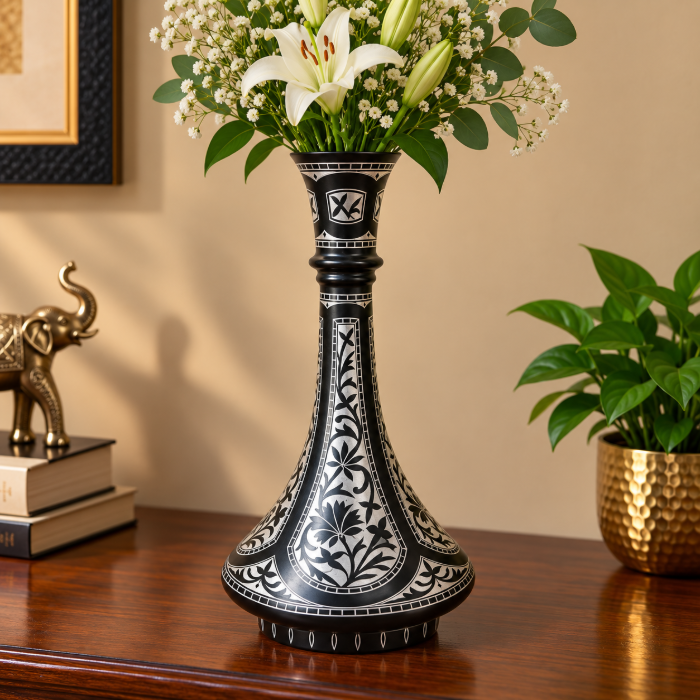 Handcrafted Bidri Flowerpot – 8 Inch Sheet Design with Pure Silver Inlay thumbnail 2