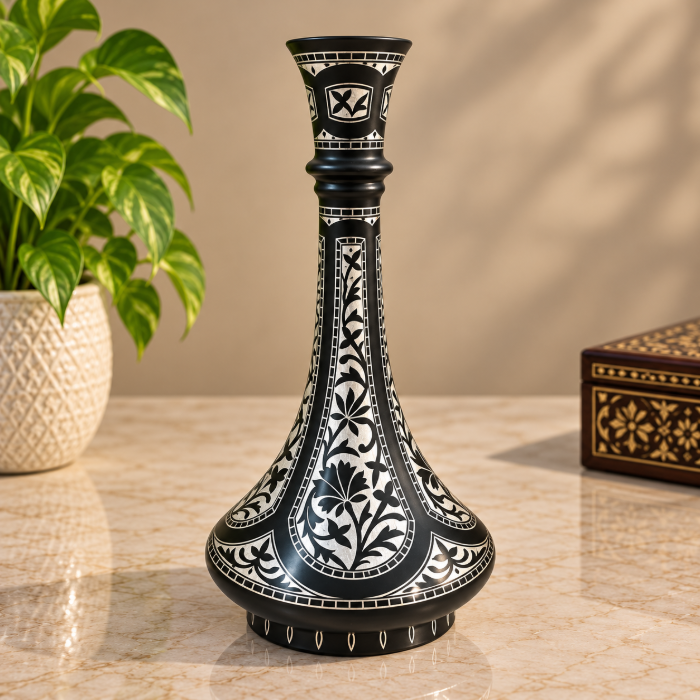 Handcrafted Bidri Flowerpot – 8 Inch Sheet Design with Pure Silver Inlay thumbnail 3