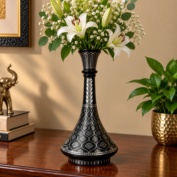 Handcrafted Bidri Flowerpot – 8 Inch Mughal Design with Pure Silver Inlay thumbnail 2