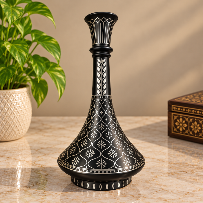 Handcrafted Bidri Flowerpot – 8 Inch Mughal Design with Pure Silver Inlay thumbnail 3