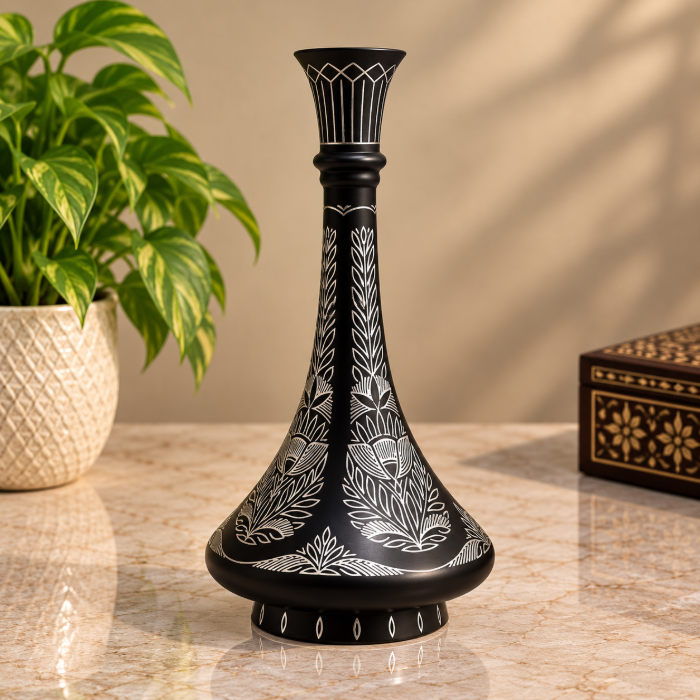 Handcrafted Bidri Flowerpot – 8 Inch Floral Design with Pure Silver Wire Inlay thumbnail 3