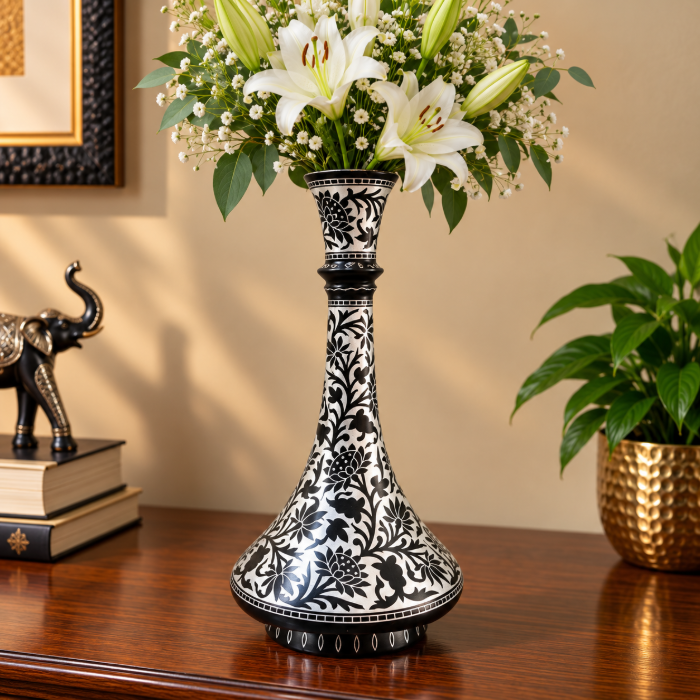 Handcrafted Bidri Flowerpot – 8 Inch Mahtabi Design with Pure Silver Sheet Inlay thumbnail 2