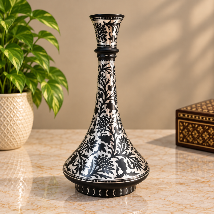 Handcrafted Bidri Flowerpot – 8 Inch Mahtabi Design with Pure Silver Sheet Inlay thumbnail 3