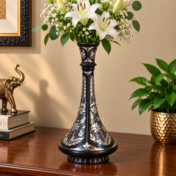 Handcrafted Bidri Flowerpot – 8 Inch Floral Sheet Design with Pure Silver Inlay thumbnail 2