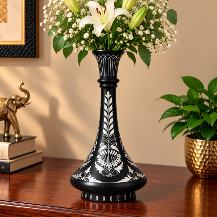 Handcrafted Bidri Flowerpot – 8 Inch Traditional Sheet Design with Pure Silver Inlay thumbnail 2