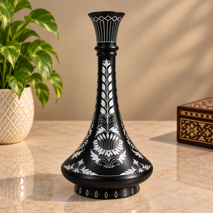 Handcrafted Bidri Flowerpot – 8 Inch Traditional Sheet Design with Pure Silver Inlay thumbnail 3