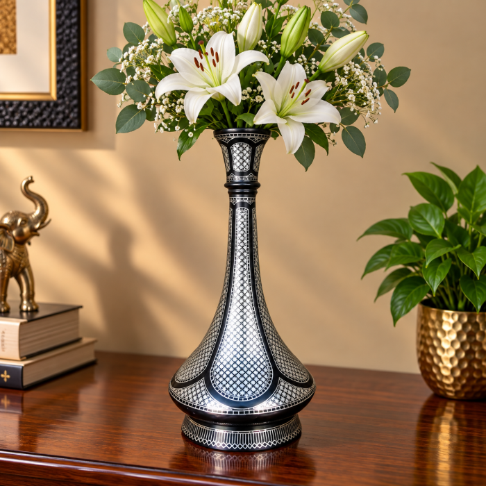 Handcrafted Bidri Flowerpot – 10 Inch Star Design with Pure Silver Inlay thumbnail 2