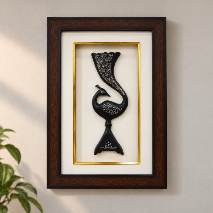 Handcrafted Bidri Peacock Vase Wall Hanging Frame with Pure Silver Wirework – 12 Inch thumbnail 2