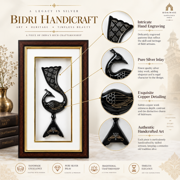 Handcrafted Bidri Peacock Vase Wall Hanging Frame with Pure Silver Wirework – 12 Inch thumbnail 5