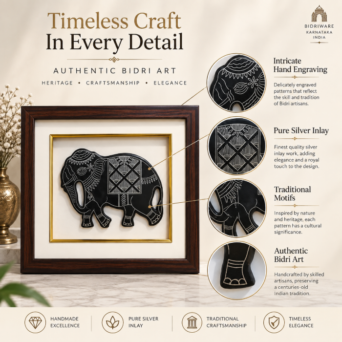 Elephant Silver Inlay Wall Hanging Frame – Traditional Bidri Art thumbnail 5