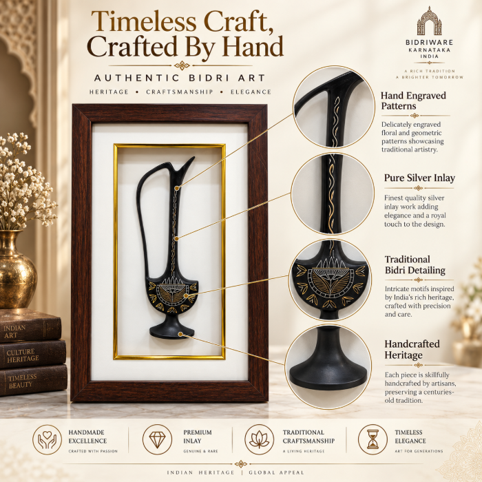 Handcrafted Bidri Qamraqi Jug Wall Hanging Frame with Pure Silver Inlay – 12 Inch thumbnail 5