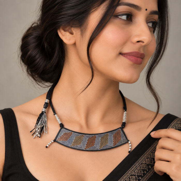 Indian Geometrical Design Pendant – Silver, Copper & Brass Inlay Jewellery thumbnail 2